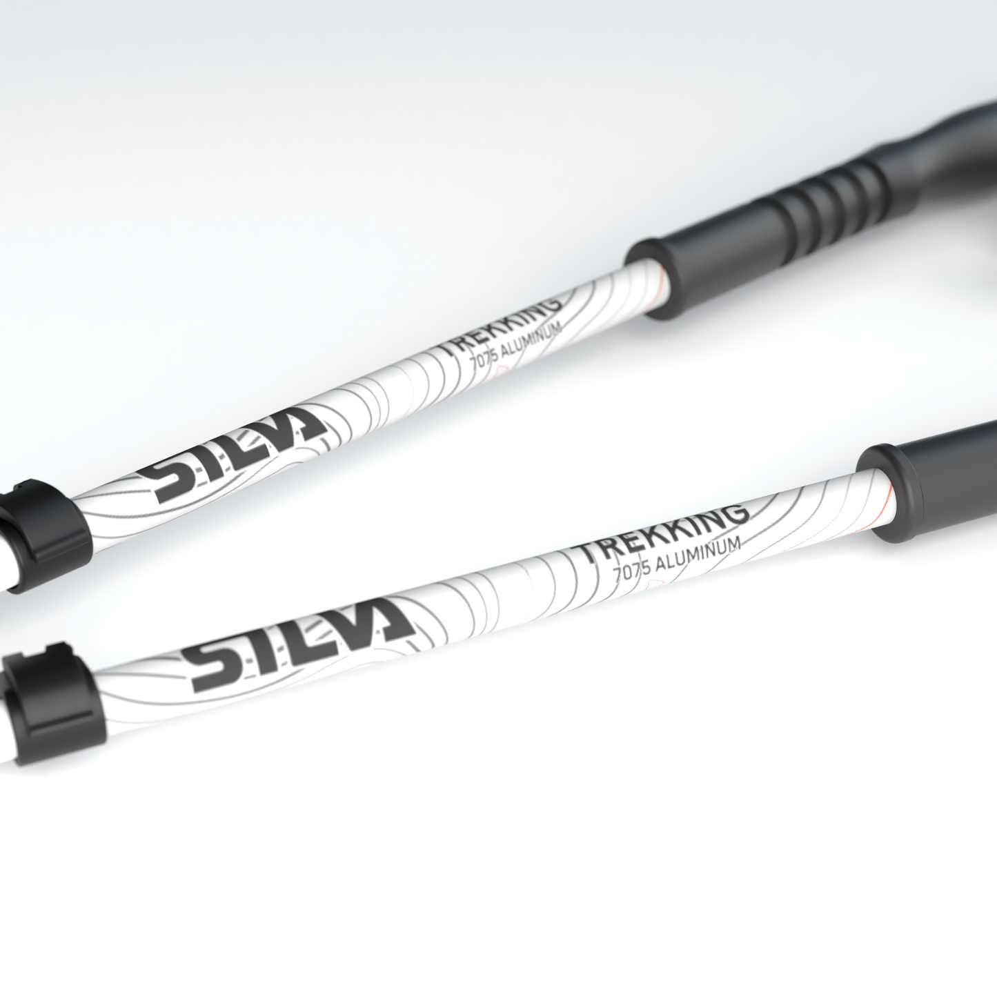 Trekkingstokken van aluminium (wit) - Gedetailleerde weergave van de kurken handgrepen voor extra comfort tijdens lange wandelingen.
