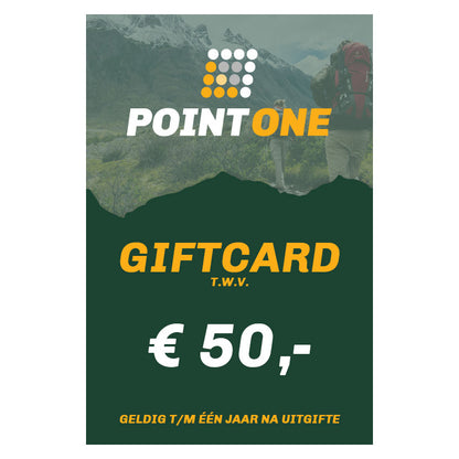 Point One cadeaubon €50 - Ideaal cadeau voor outdoorliefhebbers en reizigers.